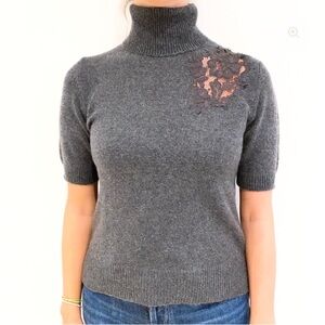 Magaschoni 100% Cashmere Small Grey Floral Cutout Short Sleeve Cowl Neck Sweater